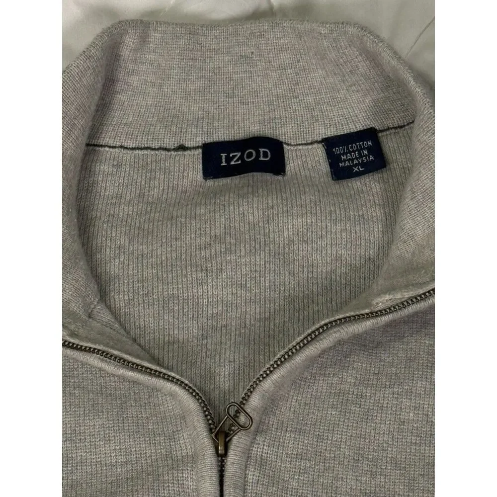 IZOD Mens Mock Neck 1/4 Zip Pullover Sweater XL Grey‎ Cotton Contrast Stitching